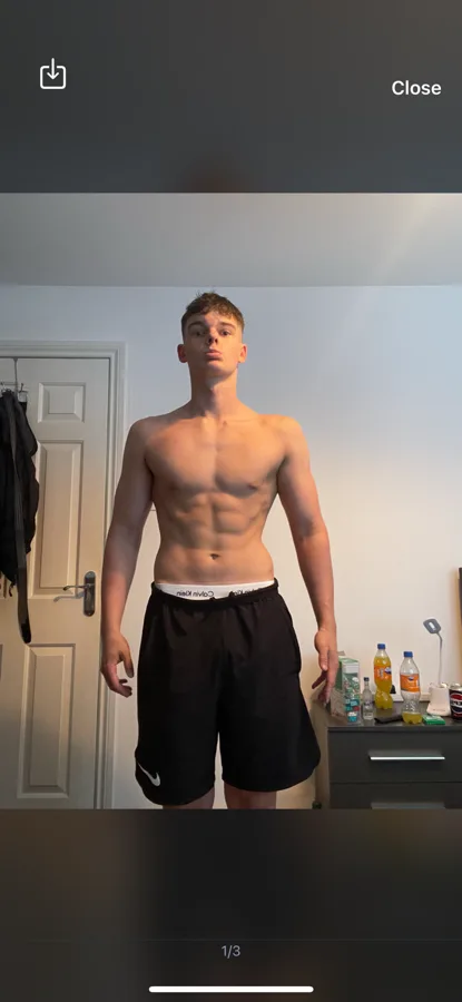 The same client after a year of recomposition, still weighing 75kg but visibly leaner